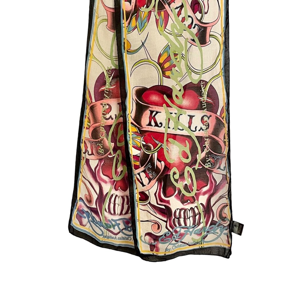 Ed Hardy x Christian Audigier Love Kills Slowly Long Scarf Y2K Skulls Hearts - Picture 2 of 8